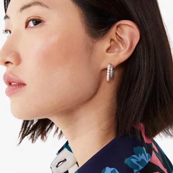 COPY - NWT Kate Spade Double Silver Hoop Rhinestone and Pearl Earrings - Picture 5 of 5